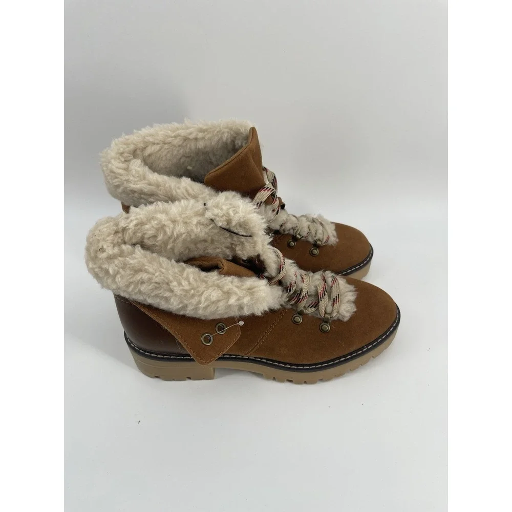 Time And‎ Tru Faux Fur Winter Hiking Boots Brown Women's Size 8.5 Lace Up